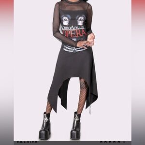 NWOT KILLSTAR X DARIO ARGENTO OPERA DRESS~FISHNET SLEEVES & ASYMMETRICAL HEMLINE